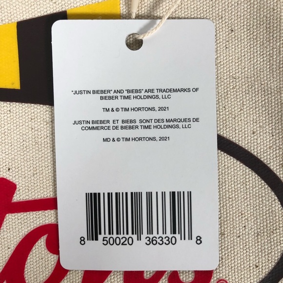 Justin Bieber x Tim Hortons Cream Canvas Tote Bag 'tim biebs' NWT - Picture 5 of 5